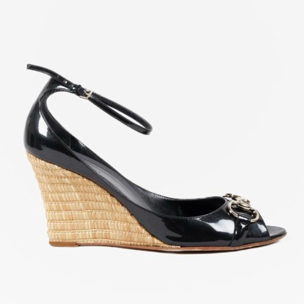 Gucci Horsebit Black Patent Leather Espadrille Wedges Gem